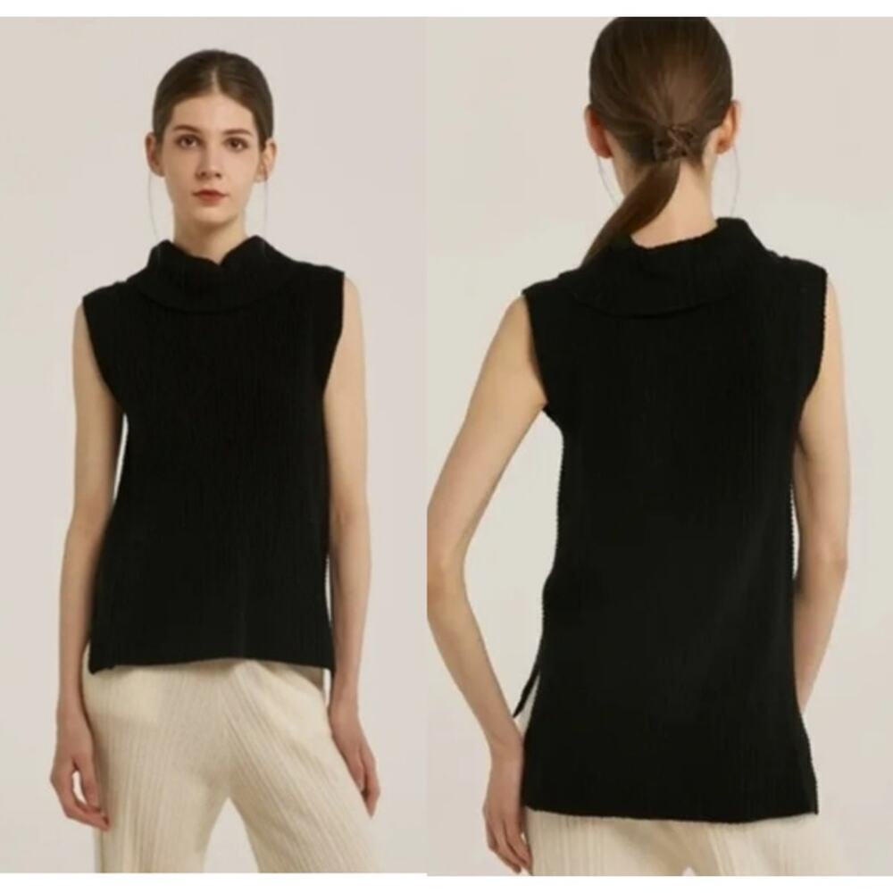 Gentle Herd High Neck Knitted Pure Merino Wool Sweater Vest Black Women's S NWT